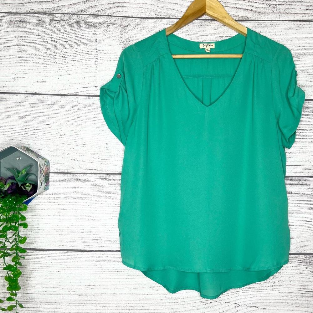 Lily White Aqua Teal V-Neck Short Sleeve Blouse Top Size Large